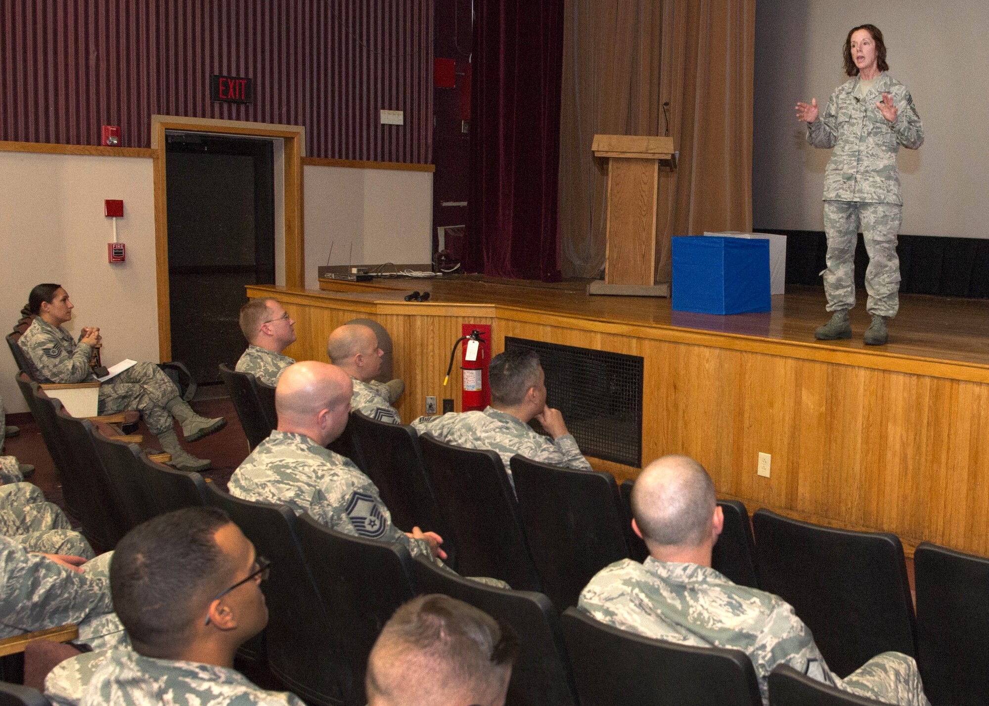 Air Force Life Cycle Management Center Command Chief Master Sgt. Doreen L. Losacco speaks during an enlisted all call at the base theater July 27. The chief spoke about enlisted topics such as the new blended retirement system scheduled to take effect Jan. 1, 2018, professional military education and more. (U.S. Air Force photo by Jerry Saslav) 