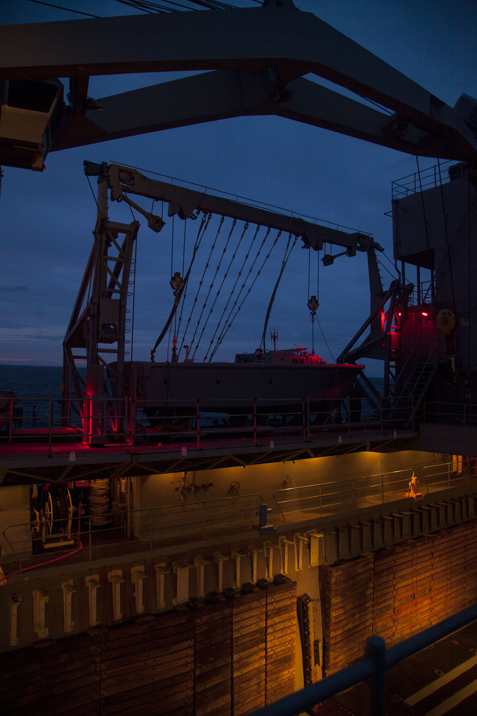 The well deck and 7-meter boat aboard the USS Whidbey Island (LSD-41), April 14, 2016. 