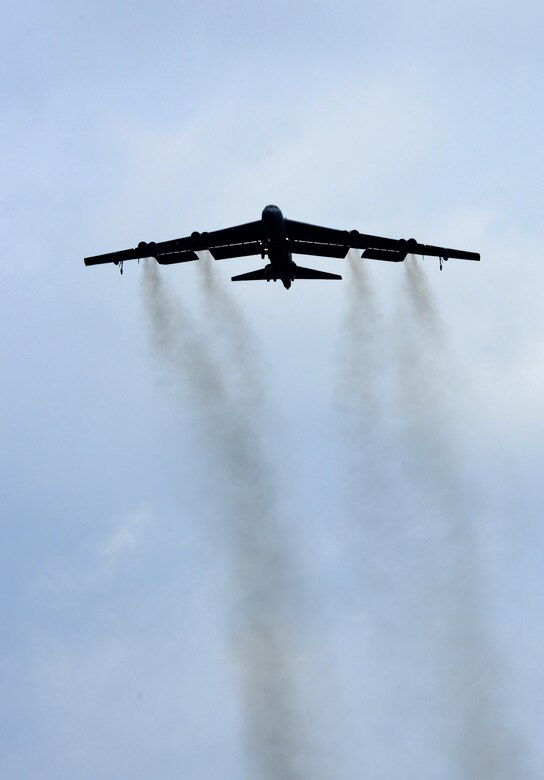 A U.S. Air Force B-52 Stratofortress flies over Langley Air Force Base, Va., following a 95th Anniversary Maj. Gen. William “Billy” Mitchell memorial reenactment, July 22, 2016. Mitchell, who is widely considered the “father of the Air Force,” and the 1st Provisional Air Brigade demonstrated the superiority of air power by sinking the famous, and previously thought unsinkable, captured German battleship, the Ostfriesland. (U.S. Air Force photo by Staff Sgt. R. Alex Durbin)