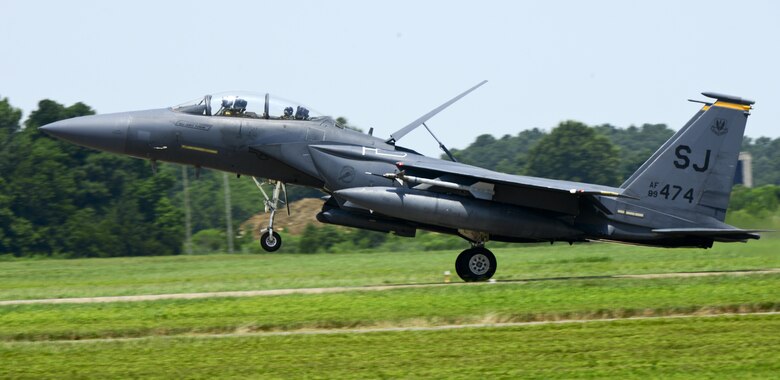 A U.S. Air Force F-15 Strike Eagle lands at Langley Air Force, Va., following a 95th Anniversary Maj. Gen. William “Billy” Mitchell memorial reenactment, July 22, 2016. Each year, Air Force Airmen honor Mitchell, a U.S. Army general regarded as the father of the Air Force. (U.S. Air Force photo by Staff Sgt. R. Alex Durbin)
