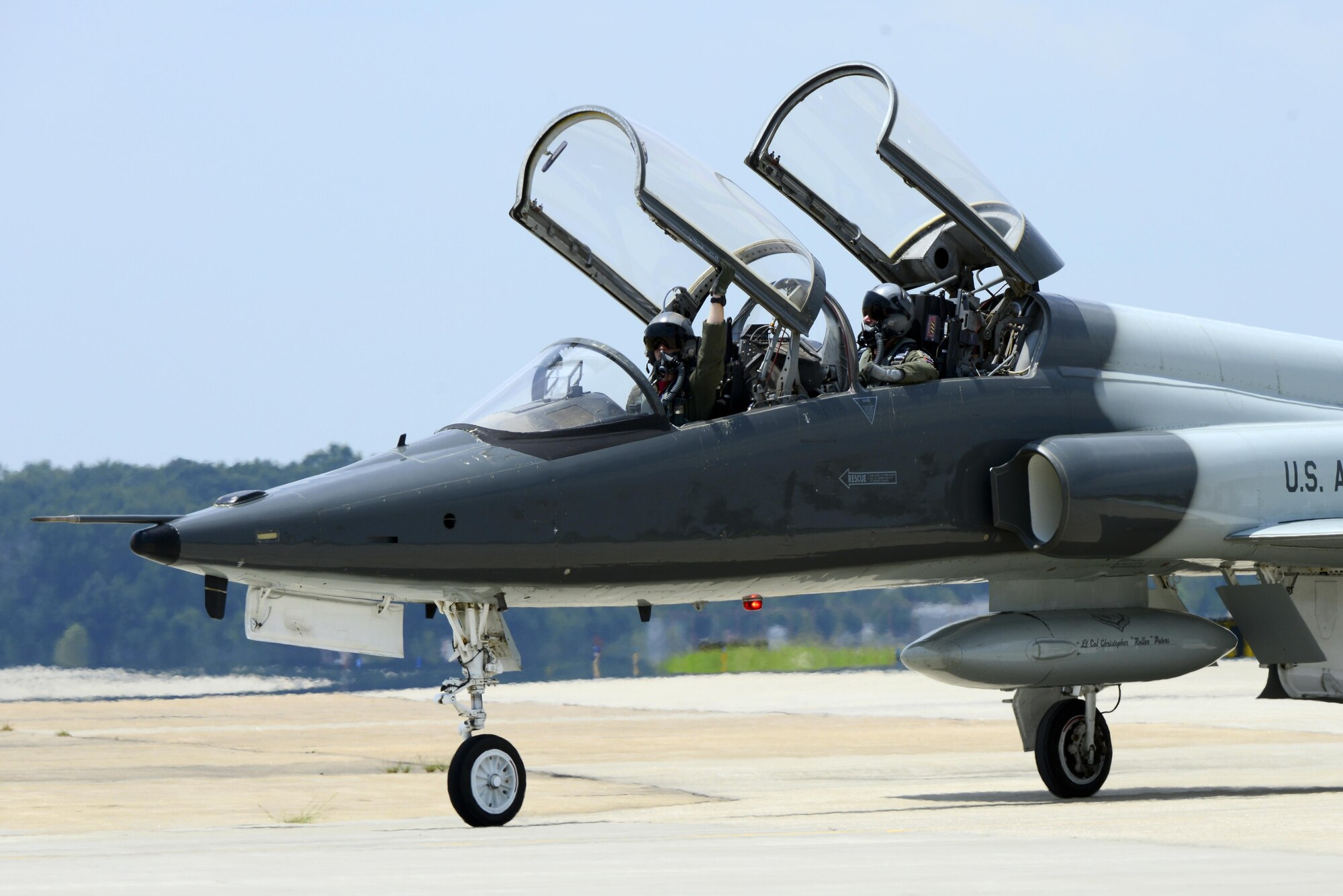 A U.S. Air Force T-38 Talon taxis on the flight line at Langley Air Force Base, Va., following a 95th Anniversary Maj. Gen. William “Billy” Mitchell memorial reenactment, July 22, 2016. In honor of Mitchell, pilots from across the Air Force gathered to reenact Mitchell’s airpower trials which demonstrated aviation’s place in the U.S. military on July 21, 1921. (U.S. Air Force photo by Staff Sgt. R. Alex Durbin) 