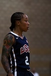U.S. Army Spc. Vanessa Lamison, a shooting guard on the United States Military Women’s Basketball Team, surveys the court during the United States vs. France game at the Conseil International Du Sport Militaire (CISM) World Military Women’s Basketball Championship July 26 at Camp Pendleton, California. The base is hosting the CISM World Military Women’s Basketball Championship July 25 through July 29 to promote peace activities and solidarity among military athletes through sports. (U.S. Marine Corps photo by Sgt. Abbey Perria)