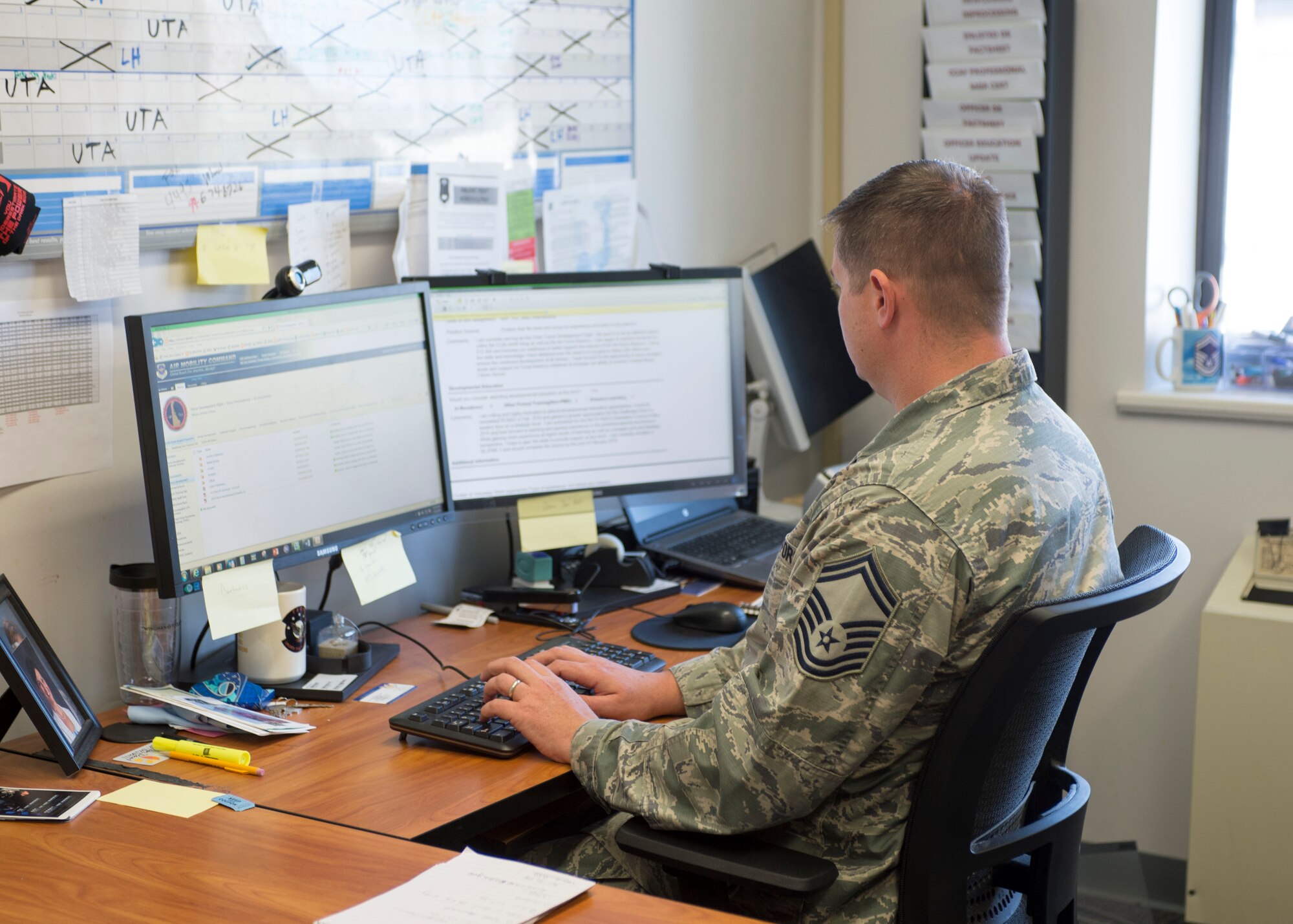 Senior Master Sgt. David Jackson, chief of force development for the 512th Force Support Squadron, reviews his Reserve Enlisted Development Plan in his office July 25, 2016 at Dover Air Force Base, Del. Jackson Harris is one of 11 senior master sergeants from the 512th Airlift Wing to be on the 2016 Key Personnel List.