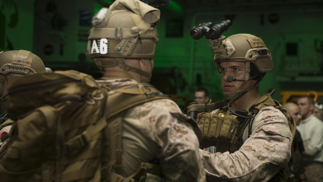 Marines assigned to the Maritime Raid Force, 22nd Marine Expeditionary Unit, prepare for a contingency mission at the amphibious assault ship USS Wasp on July 25, 2016. 22nd MEU, deployed with the Wasp Amphibious Ready Group, is conducting naval operations in the 6th Fleet area of operations in support of U.S. national security interests in Europe.