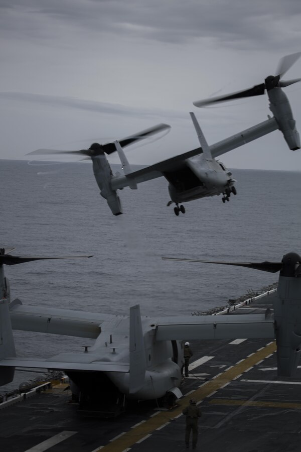 U.S. Marines and Sailors with Marine Medium Tiltrotor Squadron 264 (REIN), 22nd Marine Expeditionary Unit (MEU) perform flight operations aboard the USS Wasp (LHD-1), N.C. April 12, 2016. The 22nd MEU and Amphibious Squadron Six (PHIBRON-6) are underway for amphibious ready group (ARG) / MEU Exercise. 