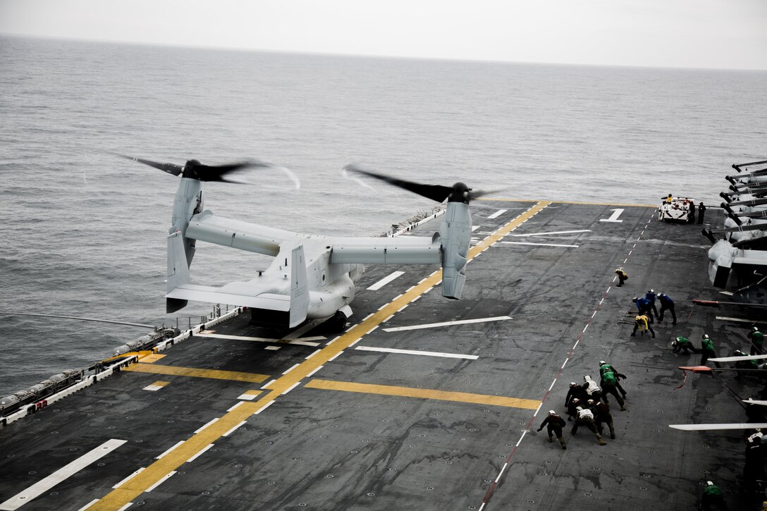 U.S. Marines and Sailors with Marine Medium Tiltrotor Squadron 264 (REIN), 22nd Marine Expeditionary Unit (MEU) perform flight operations aboard the USS Wasp (LHD-1), N.C. April 12, 2016. The 22nd MEU and Amphibious Squadron Six (PHIBRON-6) are underway for amphibious ready group (ARG) / MEU Exercise. 