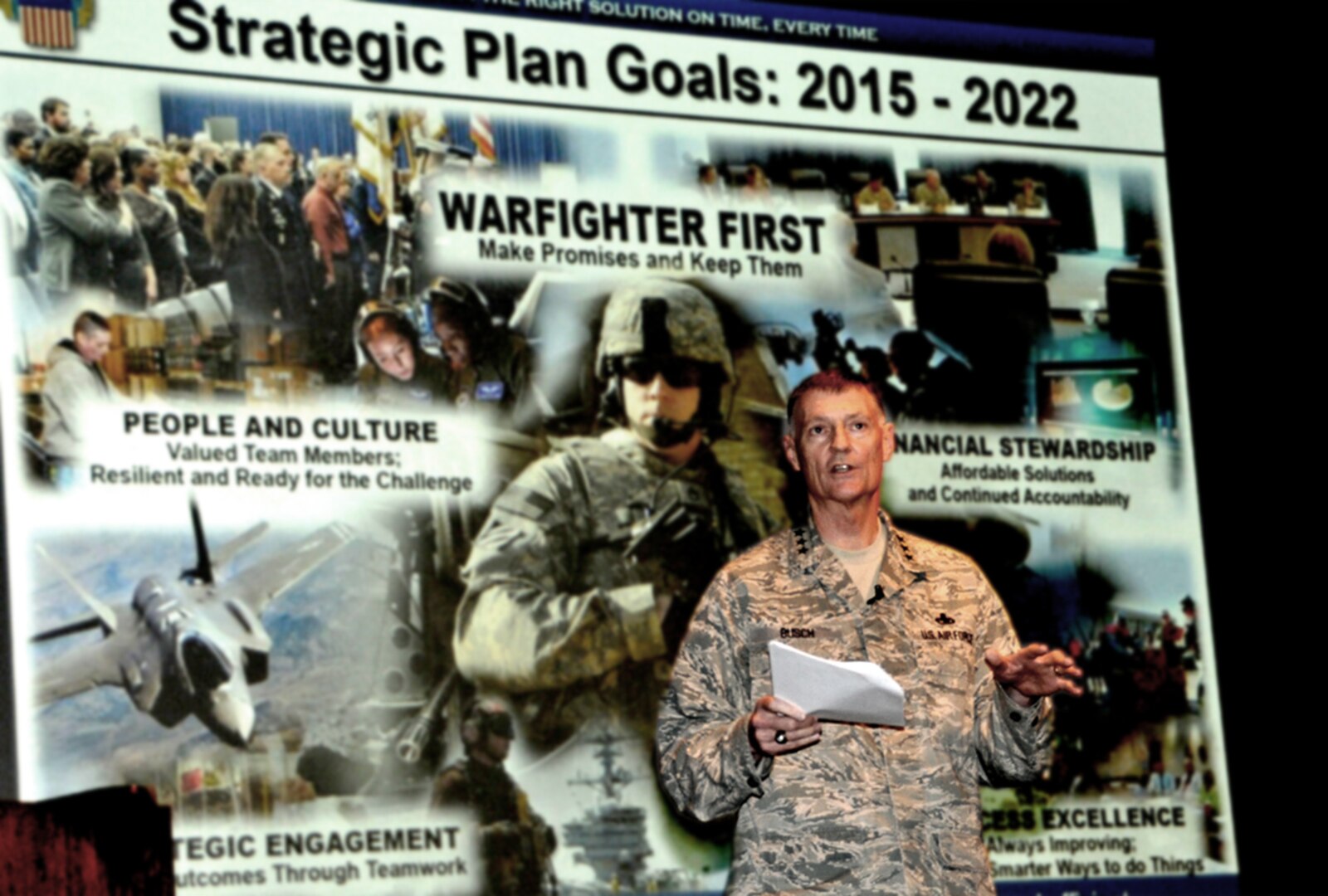 DLA Director Air Force Lt. Gen. Andy Busch updates employees on progress toward the agency’s strategic plan and results of the 2016 Culture Survey during a town hall at the McNamara Headquarters Complex July 27.