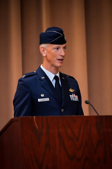 Col. Robert Kent, 2nd Medical Group commander, addresses members of the 2nd MDG for the first time during a change of command ceremony at Barksdale Air Force Base, La., July 22, 2016. Col. Robert Kent, the incoming commander commissioned in the Air Force as a physician in 1996 after graduating with a bachelor of science in chemistry from Angelo State University, San Angelo, Texas. (U.S. Air Force photo/Senior Airman Mozer O. Da Cunha)