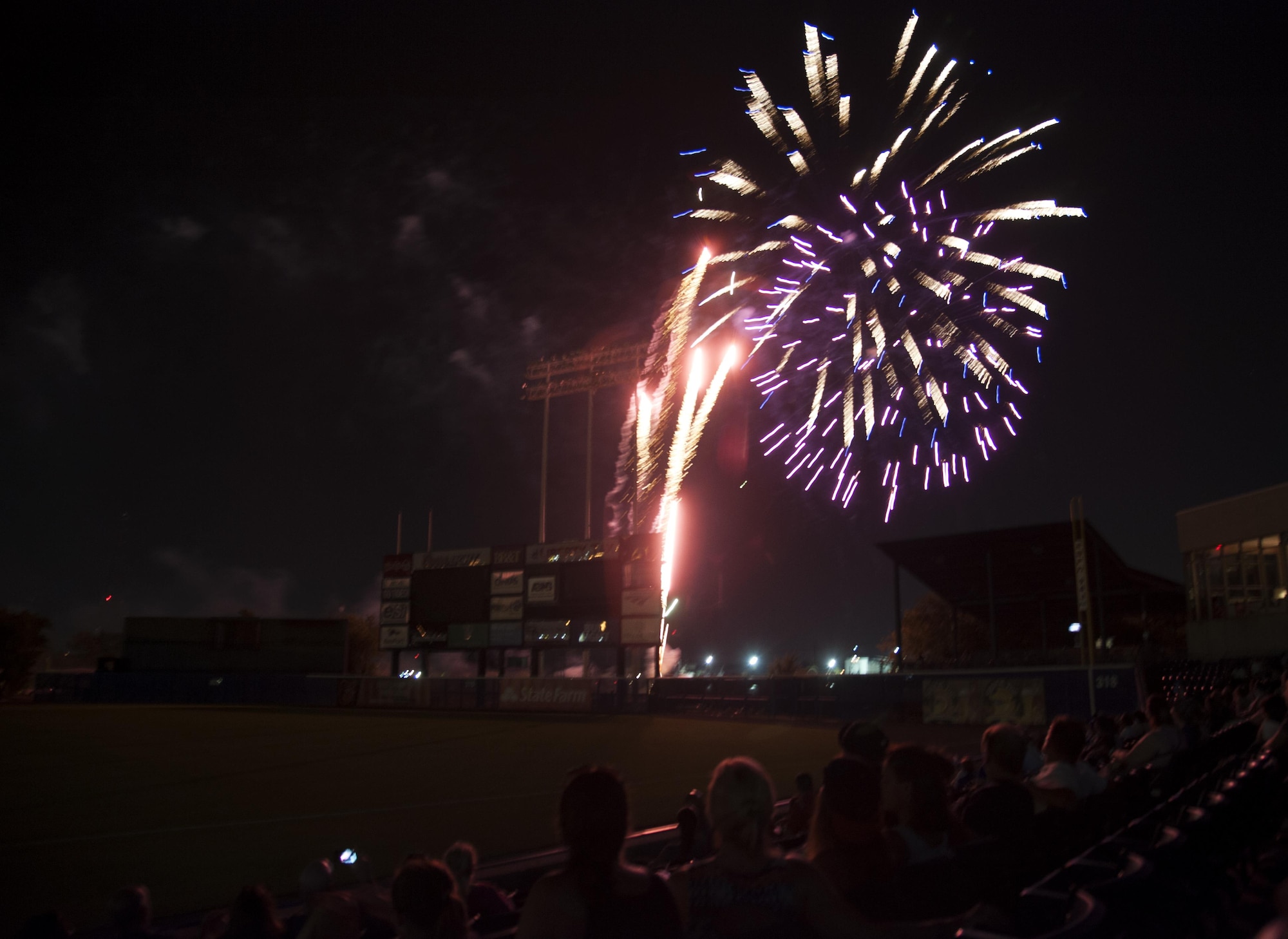 A firework show followed the Norfolk Tides Air Force Appreciation Night baseball game in Norfolk, Va., July 23, 2016. The appreciation night aimed to honor Airmen and to celebrate 100 years of Air Power over Hampton Roads. (U.S. Air Force photo by Airman 1st Class Kaylee Dubois)