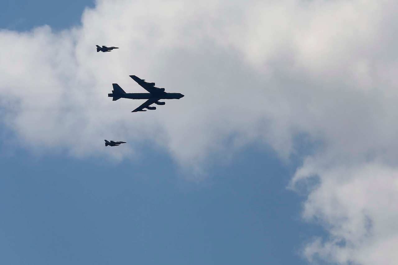 A U.S. Air Force B-52 Stratofortress strategic bomber drops Mark 82 bombs during a combined live-fire demonstration during Exercise Eager Lion 16 at a training area in Jordan, May 24, 2016. Eager Lion 16 is a US military bilateral exercise with Jordan designed to strengthen relationships and interoperability between partner nations. Marine Corps photo by Cpl. Lauren Falk