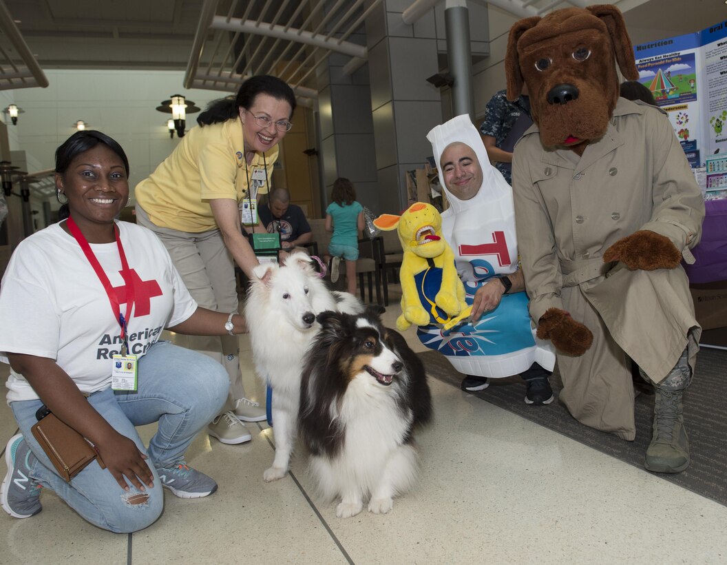 Volunteers from different squadrons lent a hand at the physical day hosted at U.S. Air Force Hospital Langley at Langley Air Force Base, Va., July 20, 2016. The 10th Intelligence Squadron, 633rd Dental Squadron dental hygienist, 633rd Security Forces Squadron patrolman and registered therapy dogs educated children about healthy choices while they waited for their physicals. (U.S. Air Force photo by Airman 1st Class Kaylee Dubois)