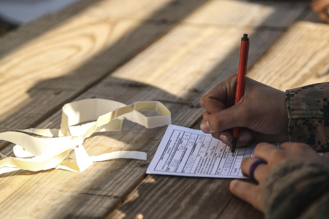 A U.S. Marines assigned to the Female Engagement Team, 22nd Marine Expeditionary Unit (MEU), marks her score during a pistol qualification course at Camp Lejeune, N.C., April 26, 2016. Marines with the 22nd MEU participated in a course of fire for pistol qualification in order to improve and maintain combat readiness.