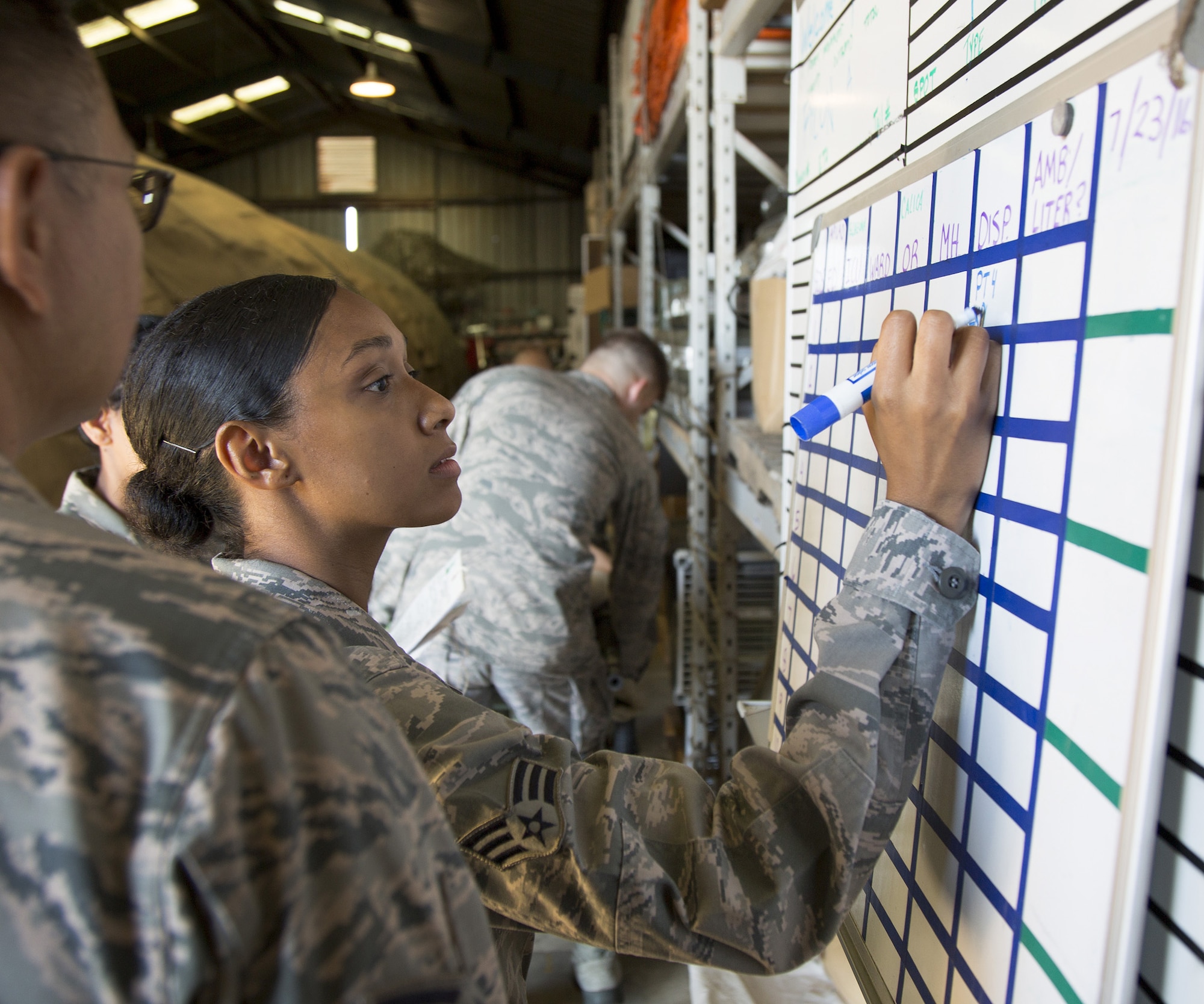 Senior Airman Brittany Lang, 349th Medical Squadron, documents patient location and status during a live-shooter, mass casualty exercise at Travis Air Force Base, Calif., July 23, 2016. The PATRIOT WYVERN exercises are hands-on, bi-annual events conducted by the 349th Air Mobility Wing designed to hone combat skills and improve organizational interoperability. The code name “Patriot” is common to many Air Force Reserve led exercises, such as Operation PATRIOT EXPRESS. The wyvern name derives from the mythical winged creature found on the 349th AMW's unit crest. This weekend's PATRIOT WYVREN included participation by Airmen from the 349th AMW, 60th Medical Group, and Soldiers from the 238th Transportation Company. (U.S. Air Force photo by Lt. Col. Robert Couse-Baker)