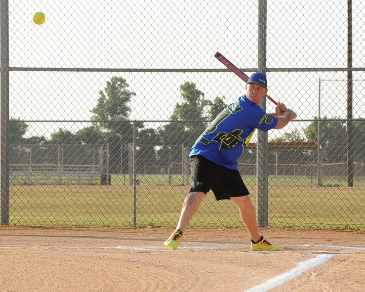 Matt Lachney, 2nd Maintenance Squadron softball team pitcher, is ready to hit in the bottom of the first inning at Barksdale Air Force Base, La., July 21, 2016. Lachney went 2-4 during the game, including a two-run homerun in the bottom of the sixth inning. (U.S. Air Force photo/Airman 1st Class Stuart Bright)