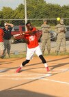 Akelyan Rumph, Air Force Global Strike Command softball team leftfielder, gets a base hit in the top of the third inning at Barksdale Air Force Base, La., July 21, 2016. Rumph scored three of his team’s nine runs. (U.S. Air Force photo/Airman 1st Class Stuart Bright)