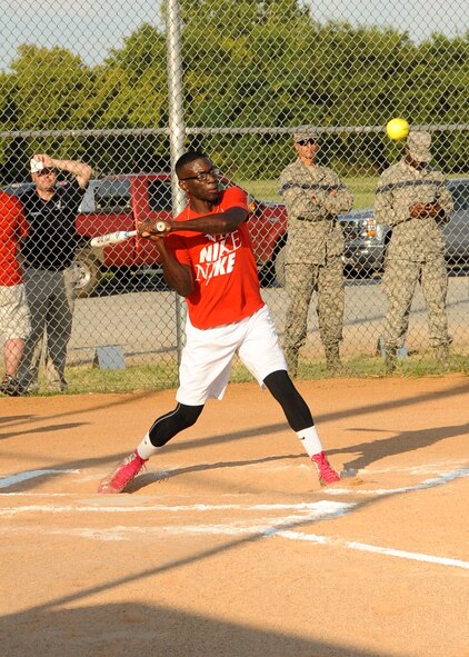 Akelyan Rumph, Air Force Global Strike Command softball team leftfielder, gets a base hit in the top of the third inning at Barksdale Air Force Base, La., July 21, 2016. Rumph scored three of his team’s nine runs. (U.S. Air Force photo/Airman 1st Class Stuart Bright)