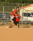 Cristopher Sage, Air Force Global Strike Command softball team centerfielder, beats the throw at third base in the top of the sixth inning at Barksdale Air Force Base, La., July 21, 2016. Sage was the tying run in that inning, but failed to score. (U.S. Air Force photo/Airman 1st Class Stuart Bright)