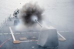 The Arleigh Burke-class guided-missile destroyer USS Stethem (DDG 63) conducts a firing exercise of the MK 45/5-inch lightweight gun at a surface target during Cooperation Afloat Readiness and Training (CARAT) Singapore 2016, July 26. CARAT is a series of annual maritime exercises between the U.S. Navy, U.S. Marine Corps and the armed forces of nine partner nations to include Bangladesh, Brunei, Cambodia, Indonesia, Malaysia, the Philippines, Singapore, Thailand, and Timor-Leste. 