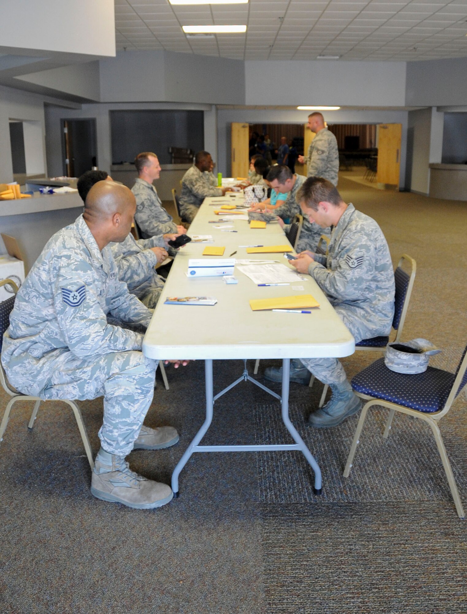Barksdale members sign up to donate blood during the Life Share blood drive at Barksdale Air Force Base, La., July 25, 2016. The blood drive was held on behalf of Tech. Sgt. Javon Lee’s son, Micah Johnson, who was diagnosed with severe aplastic anemia, a blood disease. (U.S. Air Force photo/Airman Alexis C. Frost)