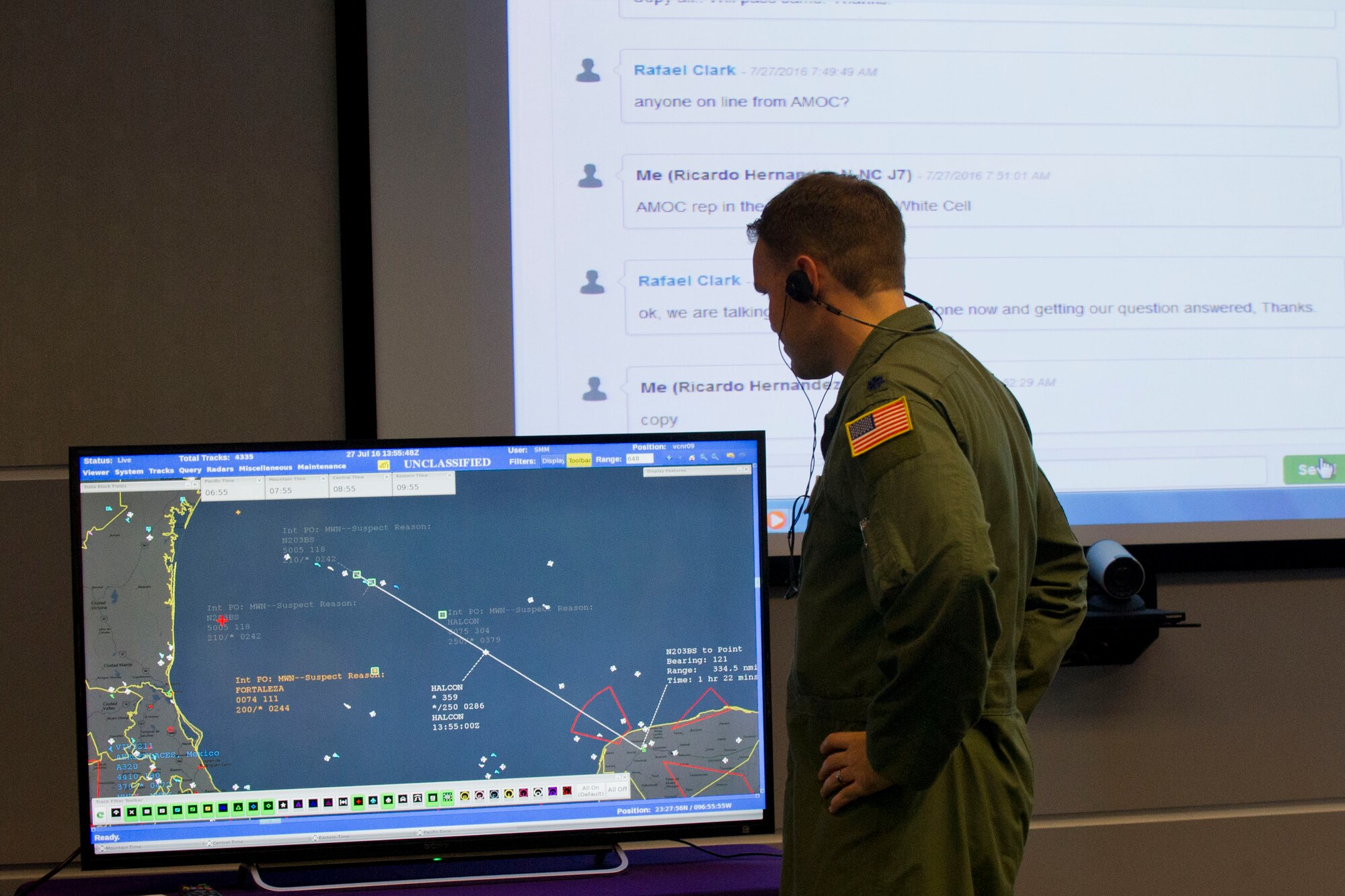 Air Force Lt. Col. Chris Power, the deputy division chief of North American Aerospace Defense Command operations support, takes part in the Amalgam Eagle 16 tactical exercise between the United States and Mexico in Colorado Springs, Colo., July 27, 2016. The three-day exercise was aimed at strengthening information sharing and cooperation in response to a simulation of an illicit cross-border flight. DoD photo by Lisa Ferdinando