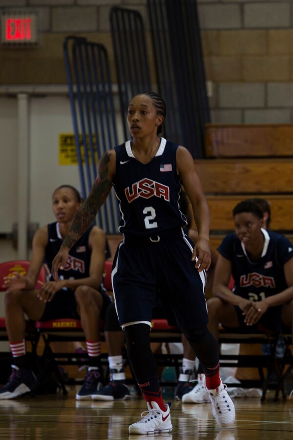 U.S. Army Spc. Vanessa Lamison, a shooting guard on the United States Military Women’s Basketball Team, enters the court during the United States vs. France game at the Conseil International Du Sport Militaire (CISM) World Military Women’s Basketball Championship July 26 at Camp Pendleton, California.  The United States’ team defeated France 85 to 53.  The base is hosting the CISM World Military Women’s Basketball Championship July 25 through July 29 to promote peace activities and solidarity among military athletes through sports. (U.S. Marine Corps photo by Sgt. Abbey Perria)