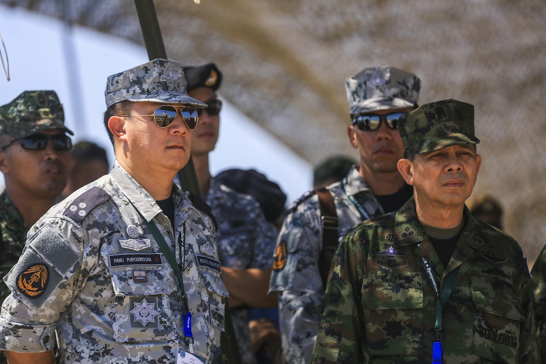 Kingdom of Thailand Vice Adm. Panu Punyavirocha, left, the Royal Thai Fleet Chief of Staff, observes an amphibious landing demonstration during the USPACOM Amphibious Leaders Symposium (PALS) on Camp Pendleton, Calif., July 13, 2016. PALS brings together senior leaders of allied and partner nations from the Indo-Asia-Pacific region to discuss key aspects of maritime/amphibious operations, capability development, crisis response, and interoperability. Twenty-two allied and partnered nations, including the U.S. are participating. 