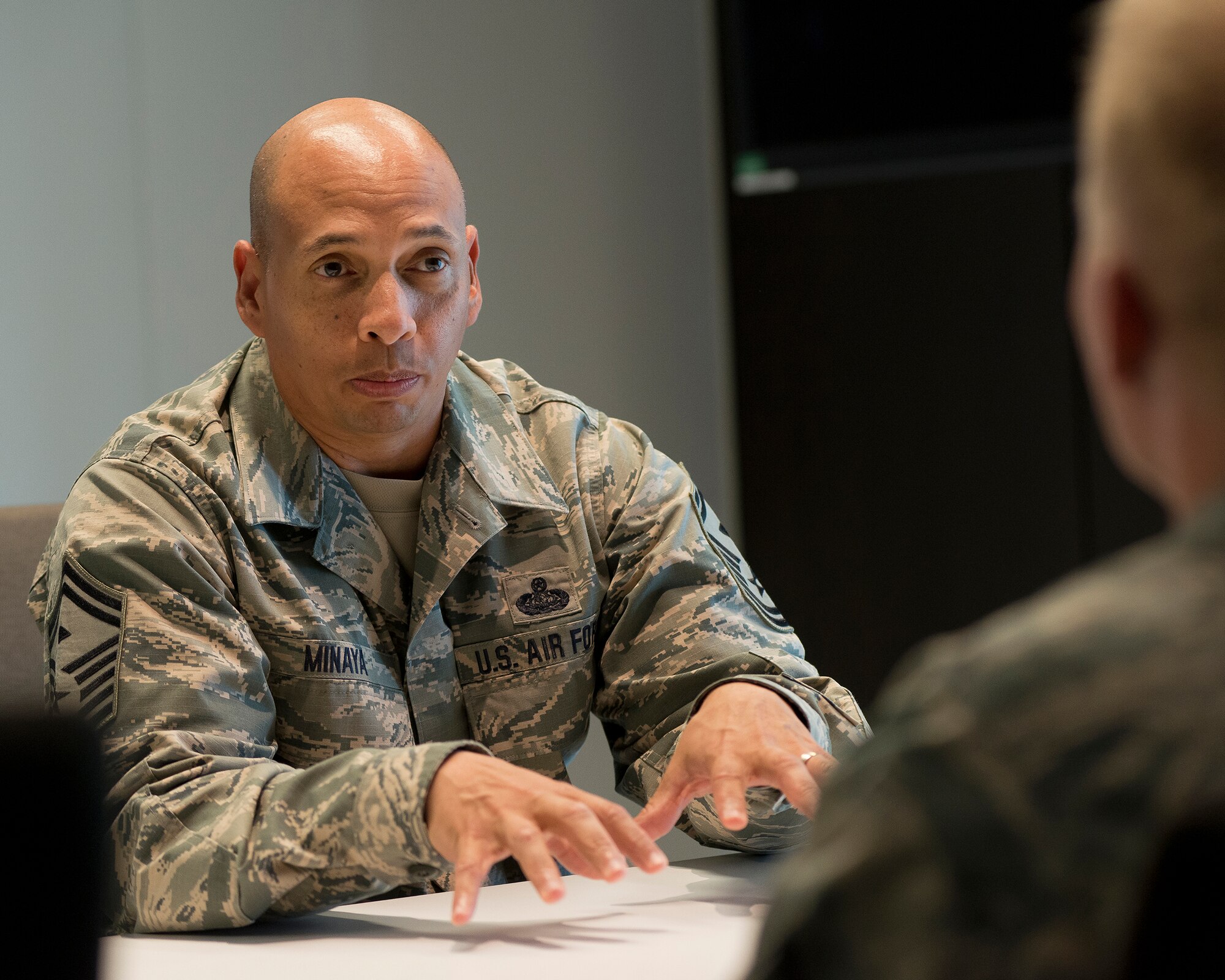 Senior Master Sgt. Jack N. Minaya, 2016 Air National Guard Outstanding First Sergeant of the Year, speaks with junior non-commissioned officers during a mentoring session at the Air National Guard Readiness Center on Joint Base Andrews, Maryland, June 8, 2016. (Air National Guard photo by Master Sgt. Marvin R. Preston/Released)