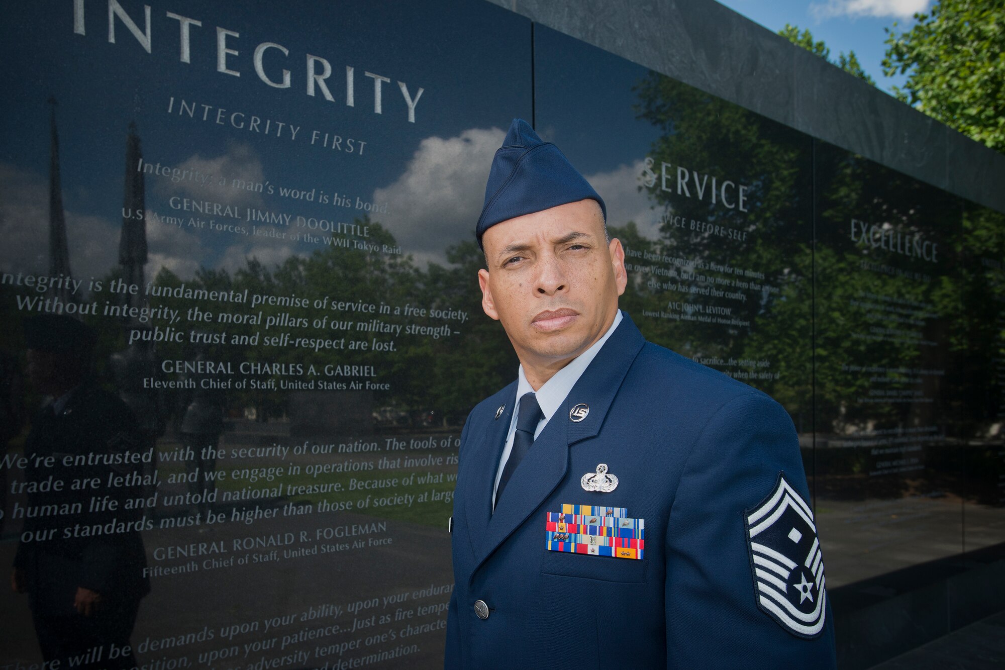 Senior Master Sgt. Jack N. Minaya, 2016 Air National Guard Outstanding First Sergeant of the Year, poses for a photo at the U.S. Air Force Memorial in Washington, D.C., June 8, 2016. (Air National Guard photo by Master Sgt. Marvin R. Preston/Released)