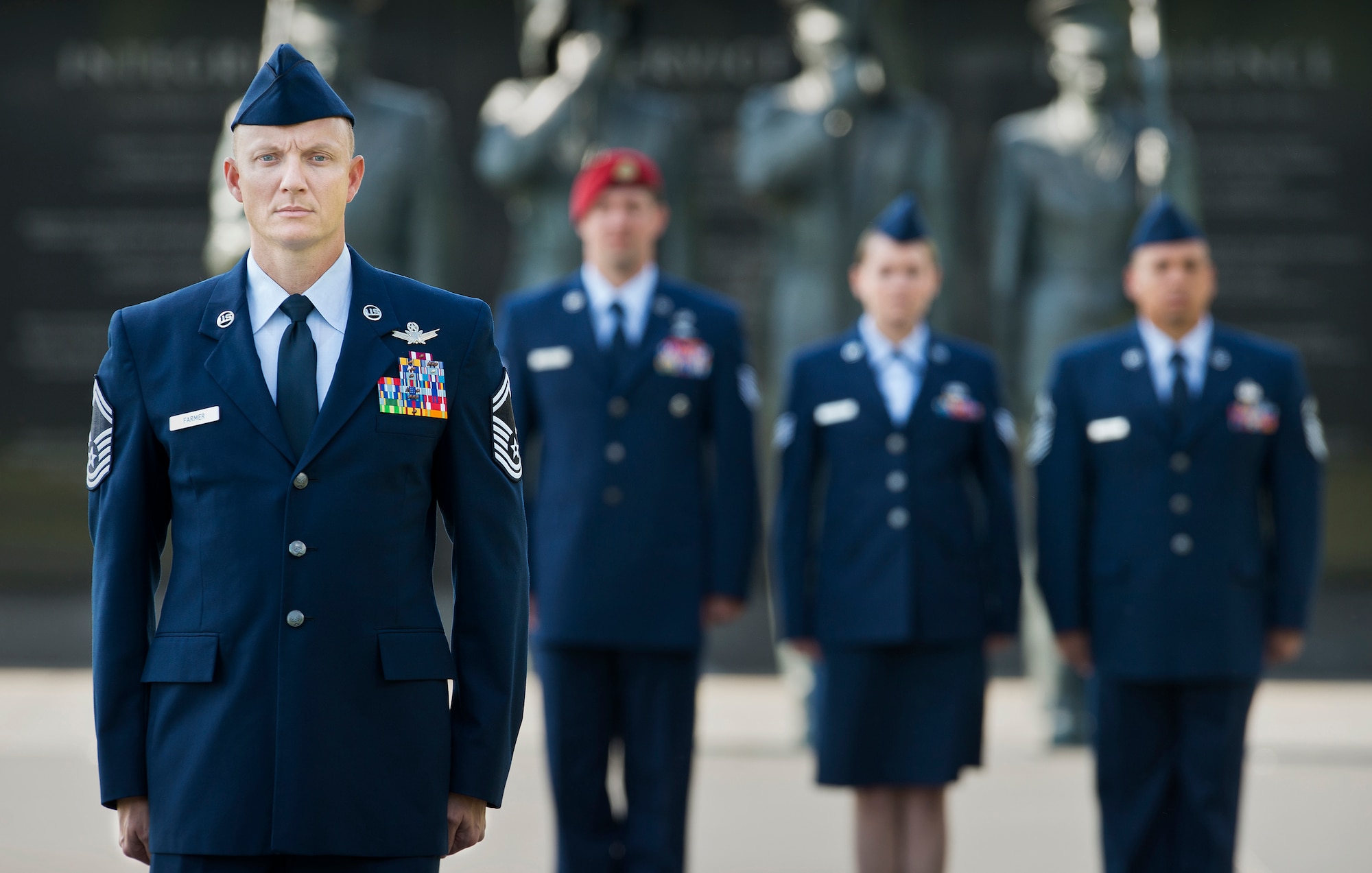 Senior Master Sgt. Mark E. Farmer, Air National Guard 2016 Outstanding Senior Non-Commissioned Officer of the Year, poses for a photo at the Air Force Memorial, Washington, D.C. June 8, 2016. Farmer was also named as one of the Air Force's 12 Outstanding Airmen of the Year. (U.S. Air National Guard photo by Master Sgt. Marvin Preston)