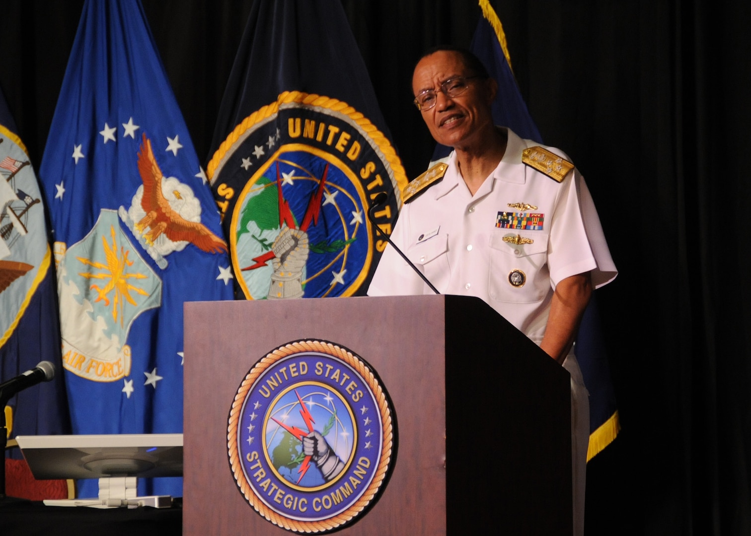 LA VISTA, Neb. (July 27, 2016) U.S. Navy Adm. Cecil D. Haney, U.S. Strategic Command (USSTRATCOM) commander, welcomes attendees to the seventh annual USSTRATCOM Deterrence Symposium, La Vista, Neb., July 27, 2016. During the two-day symposium, industry, military, governmental, international and academic experts held discussions to promote collaboration on global deterrence. One of nine DoD unified combatant commands, USSTRATCOM has global strategic missions assigned through the Unified Command Plan, which include strategic deterrence; space operations; cyberspace operations; joint electronic warfare; global strike; missile defense; intelligence, surveillance and reconnaissance; combating weapons of mass destruction; and analysis and targeting. (DoD photo by Steve Cunningham/Released)