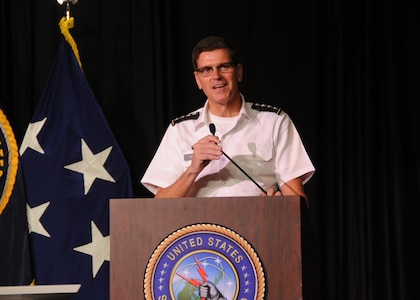 LA VISTA, Neb. (July 27, 2016) U.S. Army Gen. Joseph Votel, U.S. Central Command commander, delivers &ldquo;Perspectives on Deterrence&rdquo; remarks at the seventh annual U.S. Strategic Command (USSTRATCOM) Deterrence Symposium, La Vista, Neb., July 27, 2016. During the two-day symposium, industry, military, governmental, international and academic experts held discussions to promote collaboration on global deterrence. One of nine DoD unified combatant commands, USSTRATCOM has global strategic missions assigned through the Unified Command Plan, which include strategic deterrence; space operations; cyberspace operations; joint electronic warfare; global strike; missile defense; intelligence, surveillance and reconnaissance; combating weapons of mass destruction; and analysis and targeting. (DoD photo by Steve Cunningham/Released)