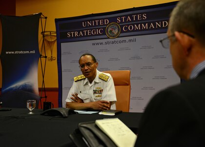 LA VISTA, Neb. (July 27, 2016) U.S. Navy Adm. Cecil D. Haney, U.S. Strategic Command (USSTRATCOM) commander, answers questions during a media availability at the seventh annual USSTRATCOM Deterrence Symposium, La Vista, Neb., July 27, 2016. During the two-day symposium, industry, military, governmental, international and academic experts held discussions to promote collaboration on global deterrence. One of nine DoD unified combatant commands, USSTRATCOM has global strategic missions assigned through the Unified Command Plan, which include strategic deterrence; space operations; cyberspace operations; joint electronic warfare; global strike; missile defense; intelligence, surveillance and reconnaissance; combating weapons of mass destruction; and analysis and targeting. (U.S. Navy photo by Mass Communication Specialist 1st Class Byron C. Linder/Released)