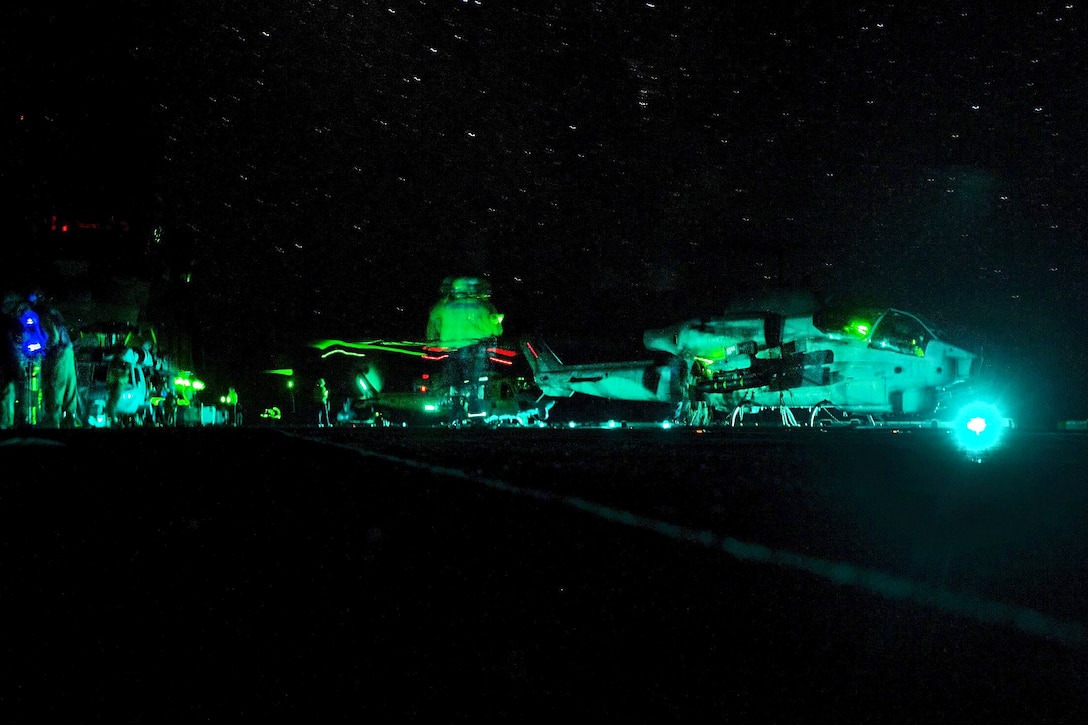 An AH-1W Super Cobra helicopter takes off with ordinance from the flight deck of the amphibious assault ship USS Wasp in the Mediterranean Sea, July 24, 2016. The helicopter crew is assigned to Marine Medium Tiltrotor Squadron 264 (Reinforced), 22nd Marine Expeditionary Unit. The unit is conducting naval operations to support U.S. national security interests in Europe. Marine Corps photo by Cpl. John A. Hamilton Jr.