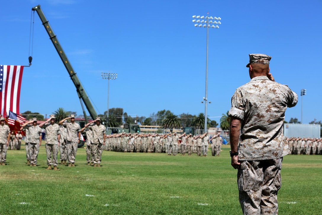 Gen. Robert Neller, commandant of the Marine Corps, salutes during the I Marine Expeditionary Force change of command ceremony at Camp Pendleton July 27, 2016. During the ceremony, Lt. Gen. David H. Berger relinquished his duties as the commanding general of I MEF to Lt. Gen. Lewis A. Craparotta. (U.S. Marine Corps photo by Cpl. Garrett White/ RELEASED)