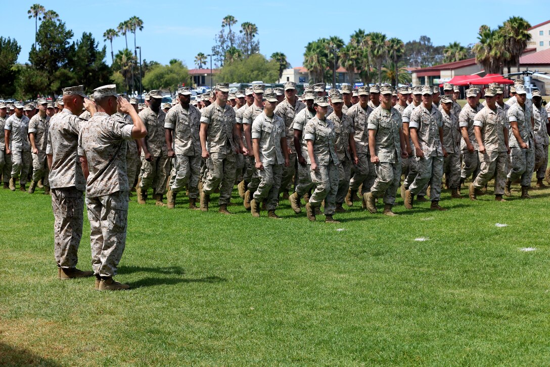 Lt. Gen. Lewis A. Craparotta, the incoming commanding general of I Marine Expeditionary Force, and Lt. Gen. David H. Berger, the outgoing commanding general of I MEF, review the battalion during a change of command ceremony at Camp Pendleton July 27, 2016.  During the ceremony, Berger relinquished his duties as the commanding general of I MEF to Craparotta. Berger is set to become the next U. S. Marine Forces Pacific commander in August of 2016. (U.S. Marine Corps photo by Cpl. Demetrius Morgan/ RELEASED)