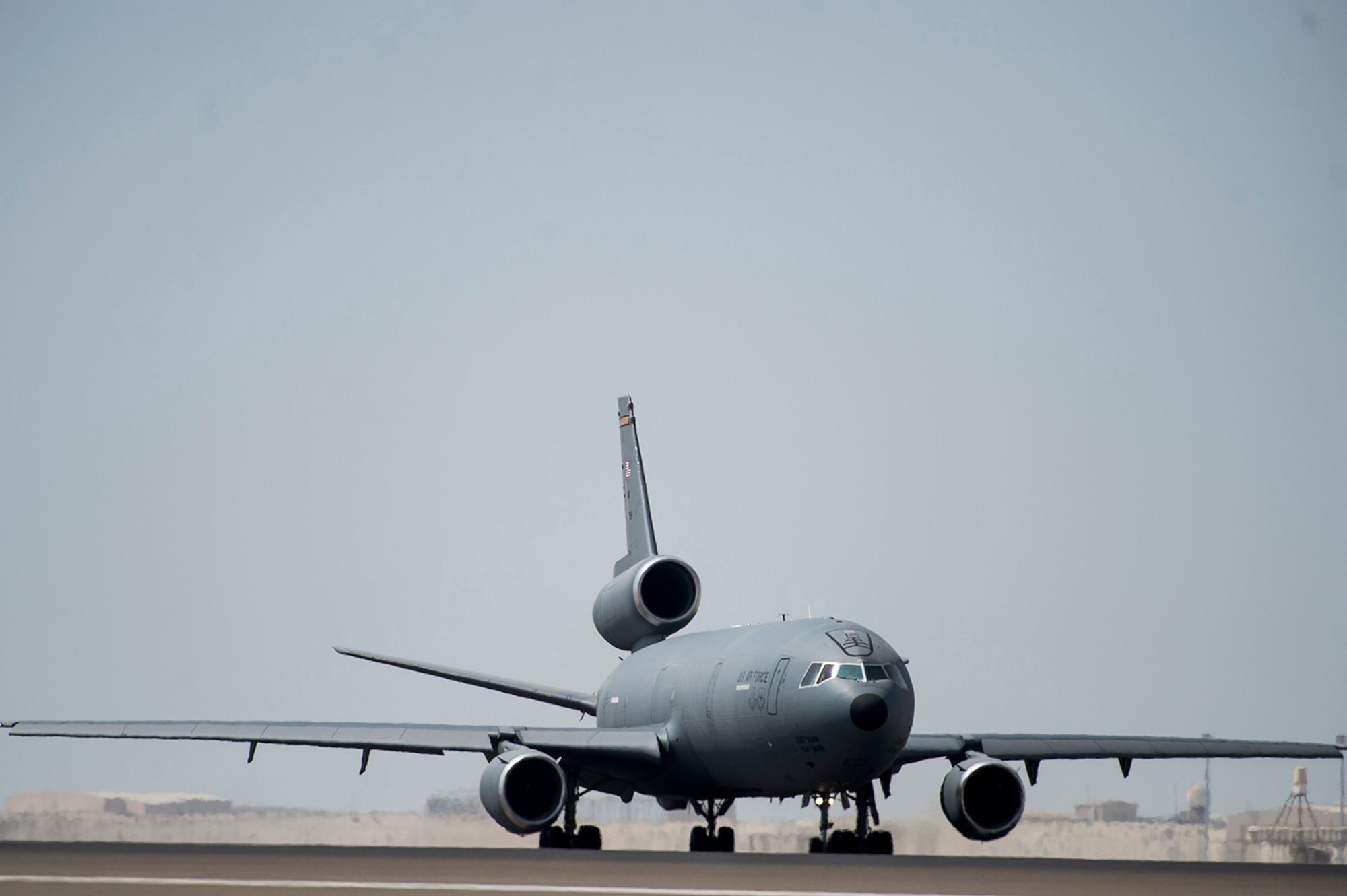 A KC-10 Extender taxi onto the runway for take off at an undisclosed location in Southwest Asia, July 11, 2016.
(U.S. Air Force photo/Staff Sgt. Larry E. Reid Jr., Released)