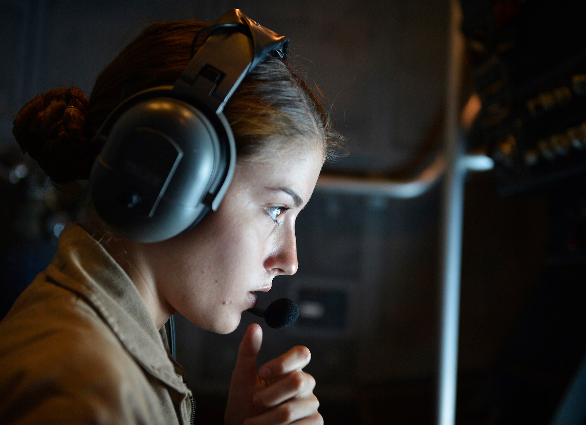 Airman 1st Class Mallory, 908th Air Refueling Squadron KC-10 Extender boom operator, prepares to refuel an aircraft in the U.S. Air Forces Central Command area of responsibility July 13, 2016. The KC-10 can refuel a wide variety of aircraft using both boom and drogue capabilities. (U.S. Air Force photo by Tech. Sgt. Chad Warren/released)