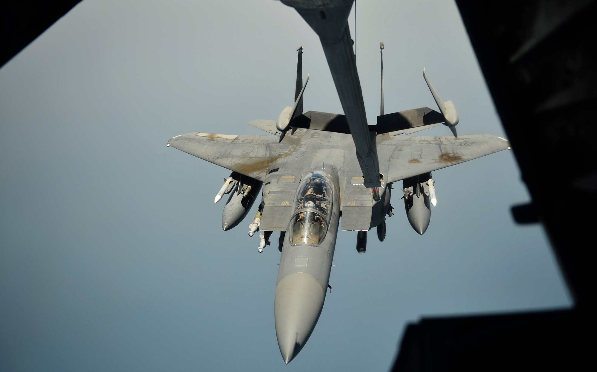 A 908th Air Refueling Squadron KC-10 Extender prepares to refuel an F-15E Strike Eagle in the U.S. Air Forces Central Command area of responsibility July 13, 2016. The KC-10 can refuel a wide variety of aircraft using both boom and drogue capabilities. (U.S. Air Force photo by Tech. Sgt. Chad Warren/released)