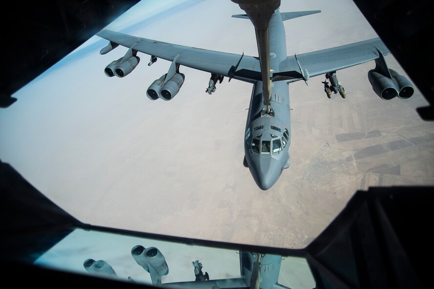 A B-52 Stratofortress receives fuel from a KC-10 Extender over Iraq, July 16, 2016. Airmen from the 908th Expeditionary Air Refueling Squadron refueled F-15 Strike Eagles, Belgian Air Force F-18 Super Hornets, a B-52 Stratofortress and F-16 Fighting Falcons support of Combined Joint Task Force-Operation Inherent Resolve. The U.S. and more than 60 coalition partners work together to eliminate the terrorist group ISIL and the threat they pose to Iraq and Syria.
(U.S. Air Force photo/Staff Sgt. Larry E. Reid Jr., Released)
