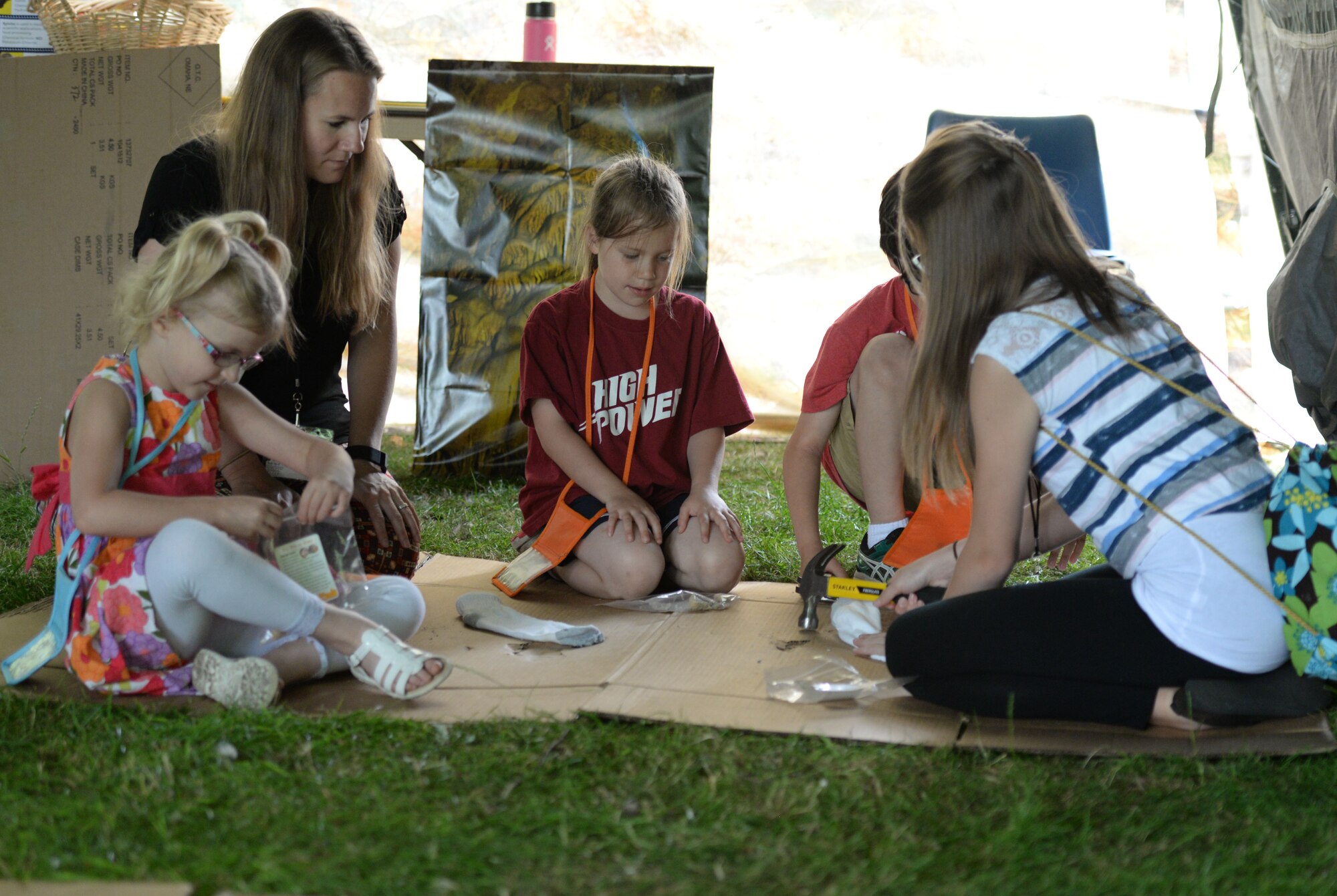 Team Mildenhall children and parents take part in team-building activities during Vacation Bible School July 25, 2016, on RAF Mildenhall, England. The adult-supervised events encouraged children to work together as a team while learning. (U.S. Air Force photo by Gina Randall)