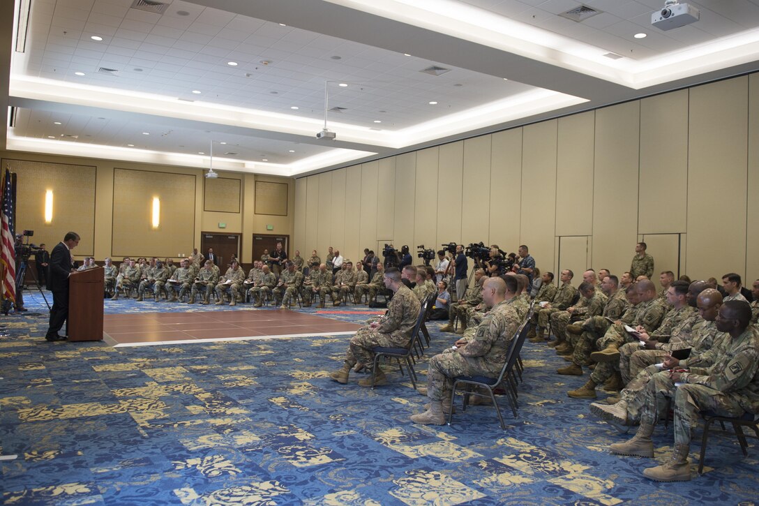 Defense Secretary Ash Carter speaks to deploying soldiers during a visit to Fort Bragg, N.C., July 27, 2016. DoD photo by Air Force Tech. Sgt. Brigitte N. Brantley