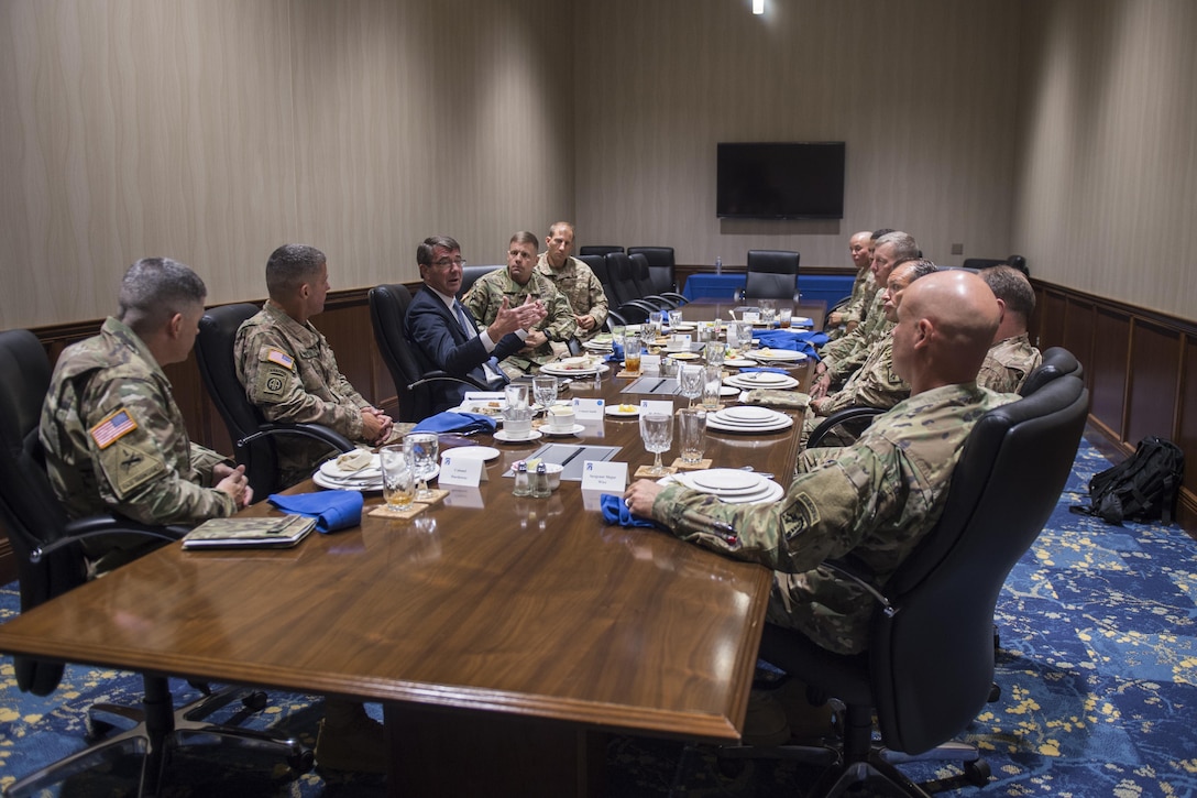 Defense Secretary Ash Carter meets with deploying soldiers during a visit to Fort Bragg, N.C., July 27, 2016. DoD photo by Air Force Tech. Sgt. Brigitte N. Brantley