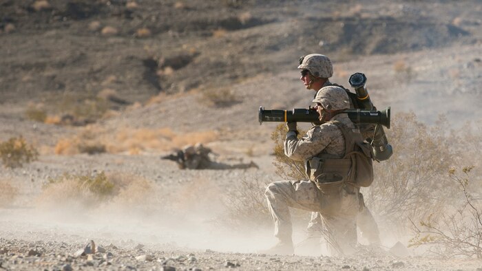 Lance Cpl. Skyler Schopf, team leader, 3rd Battalion, 4th Marine Regiment, fires a M136 AT4 anti-tank weapon during a live-fire training exercise as part of Tactical Small-Unit Leadership Course at Marine Corps Air Ground Combat Center, Twentynine Palms, California, July 18, 2016. The purpose of the course was to focus on the training of small-unit leadership within “Darkside.”