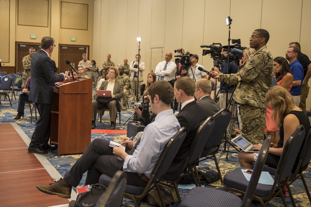 Defense Secretary Ash Carter holds a news conference during a visit to Fort Bragg, N.C., July 27, 2016. DoD photo by Air Force Tech. Sgt. Brigitte N. Brantley