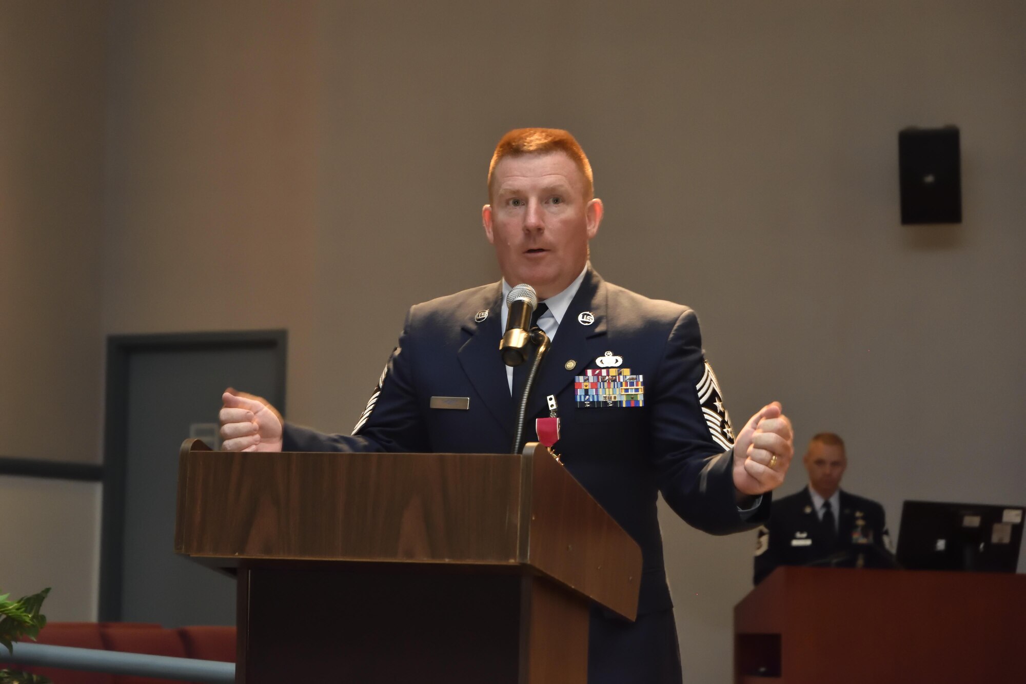 Command Chief Master Sgt. Michael Thorpe gave an uplifting speech at the Westover Conference Center in his trademark Boston accent. CCMSgt. Thorpe had served most of his career in Security Forces at Westover ARB becoming the Command Chief in 2011 and 2014 was selected as the Command Chief for 22nd Air Force.