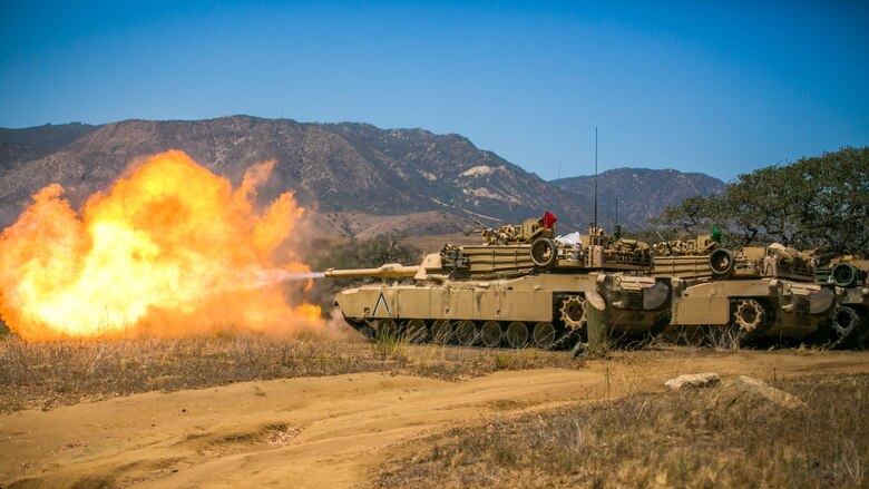 Marines with Company A, 4th Tank Battalion, 4th Marine Division, Marine Forces Reserve, fire a M1A1 Abrams Main Battle Tank during their annual training at Marine Corps Base Camp Pendleton, Calif., July 19, 2016. Marines fired the tanks to adjust their battle sight zero before the main event of their annual training.