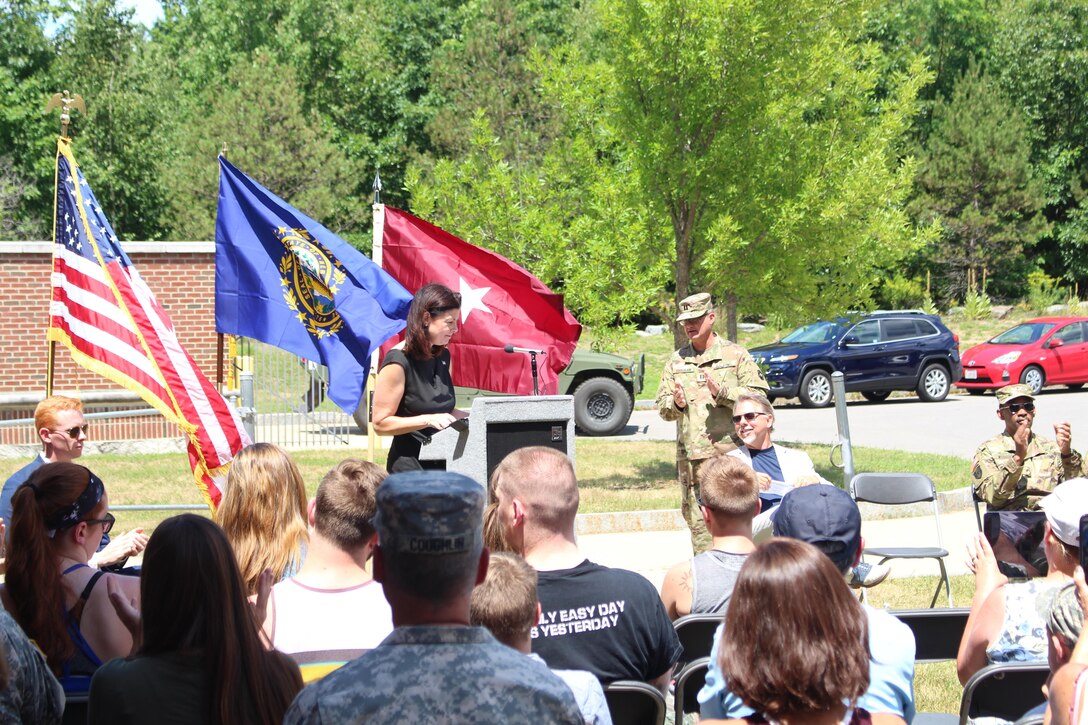 U.S. Senator Kelly Ayotte of New Hampshire addresses the U.S. Army Reserve Soldiers of the 456th Area Support Medical Company (ASMC) and their family and friends during a deployment ceremony in Somersworth, N.H. on July 16, 2016.  The 456th ASMC are preparing to deploy overseas for nine months to provide at any time up to 72 hours of emergency care and stabilization medical support. (U.S. Army photo by Capt. Charles An/released)