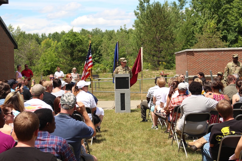 U.S. Army Reserve Capt. Paul Harrigan of the 456th Area Support Medical Company (ASMC), was master of ceremonies during the deployment ceremony for his unit in Somersworth, N.H. on July 16, 2016.  The 456th ASMC are preparing to deploy overseas for nine months to provide at any time up to 72 hours of emergency care and stabilization medical support. (U.S. Army photo by Capt. Charles An/released)