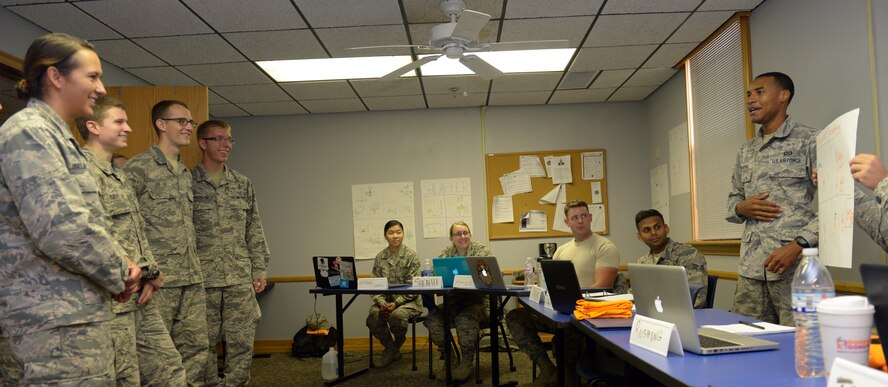 Senior Airman William Rosenthal, Airman Leadership School student, speaks to United States Air Force Academy cadets about his vision for what makes a successful Airman during an immersion tour at Barksdale Air Force Base, La., July 12, 2016. Airman Leadership School aims to prepare Airmen to be professional, warfighting Airmen who can supervise and lead Air Force work teams to support the employment of air, space and cyberspace power. (U.S. Air Force photo/Senior Airman Curt Beach)