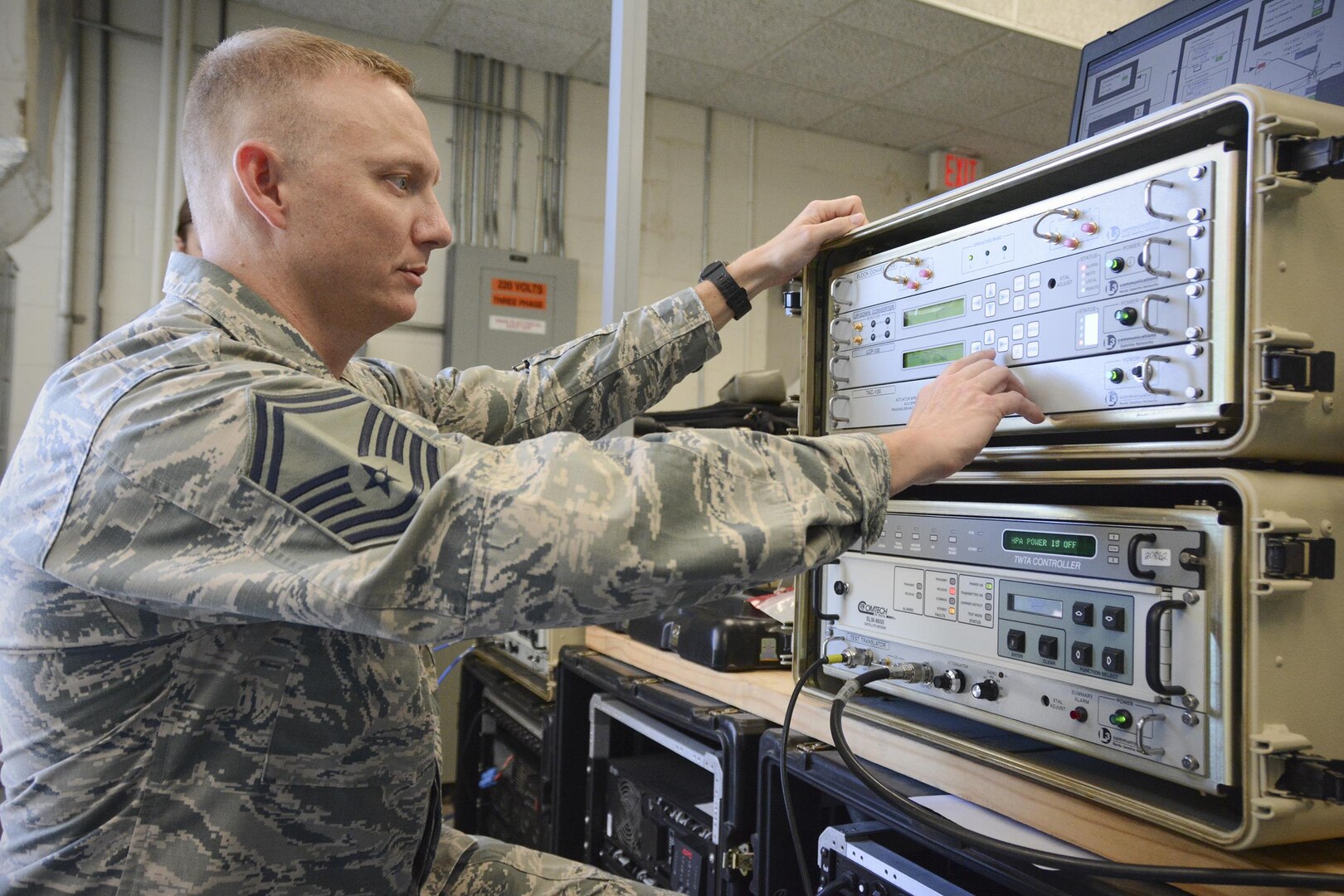 Senior Master Sgt. Mark Farmer, a space systems operations superintendent assigned to the 114th Space Control Squadron at Patrick AFB, Florida, monitors satellite networking equipment June 3, 2016. Farmer is the Air National Guard's 2016 Outstanding Senior NCO of the Year and one of the U.S. Air Force's 12 Outstanding Airmen of the Year. 